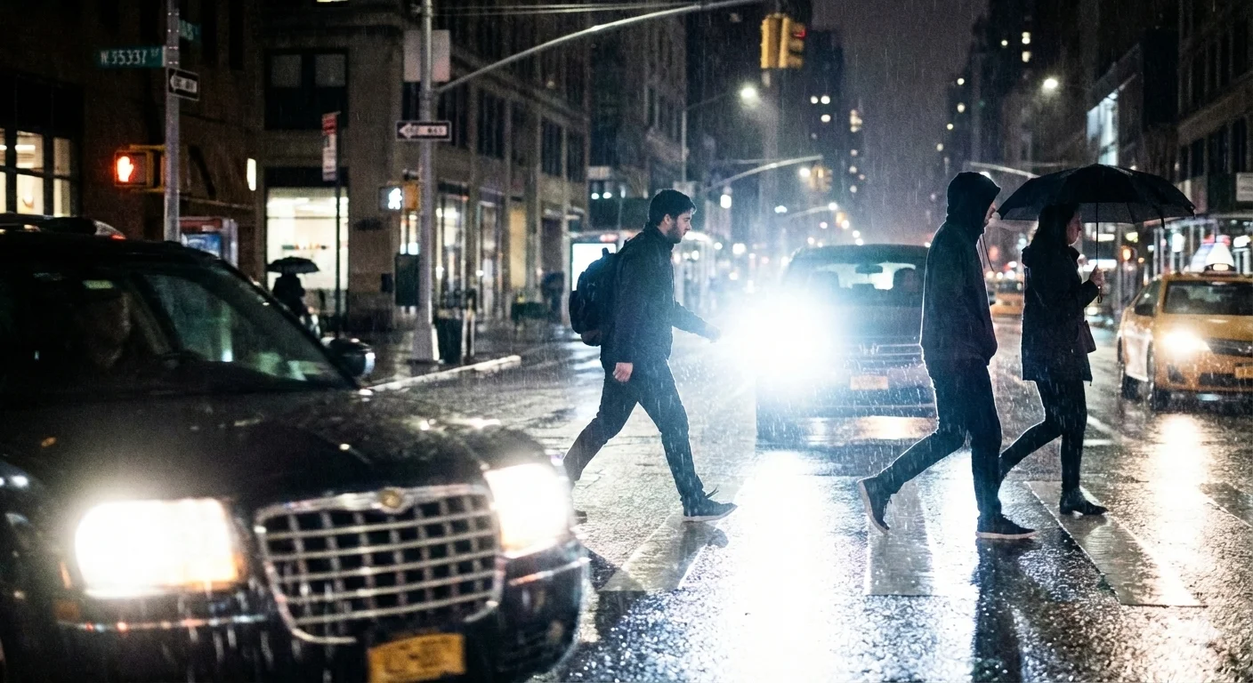 Pedestrians in crosswalk at night in rain