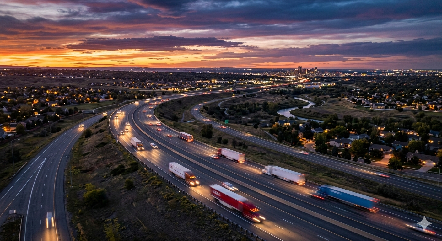 Long-haul semi trucks on an American interstate at dusk