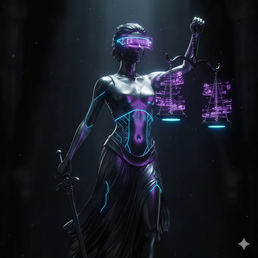 Futuristic Lady Justice — PrimeVitas AI